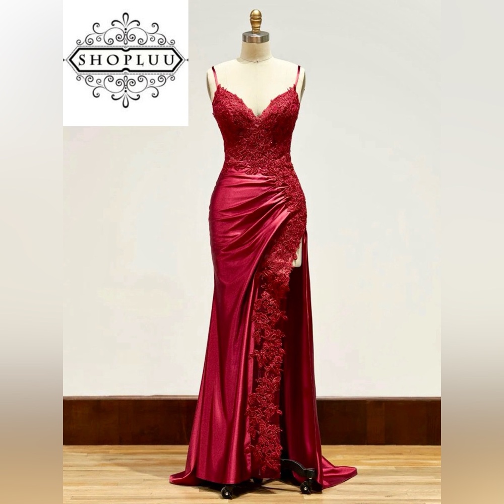 SHOPLUU Burgundy Mermaid Satin High-Split Lace-Up Evening Gown, NWOT, Size 4